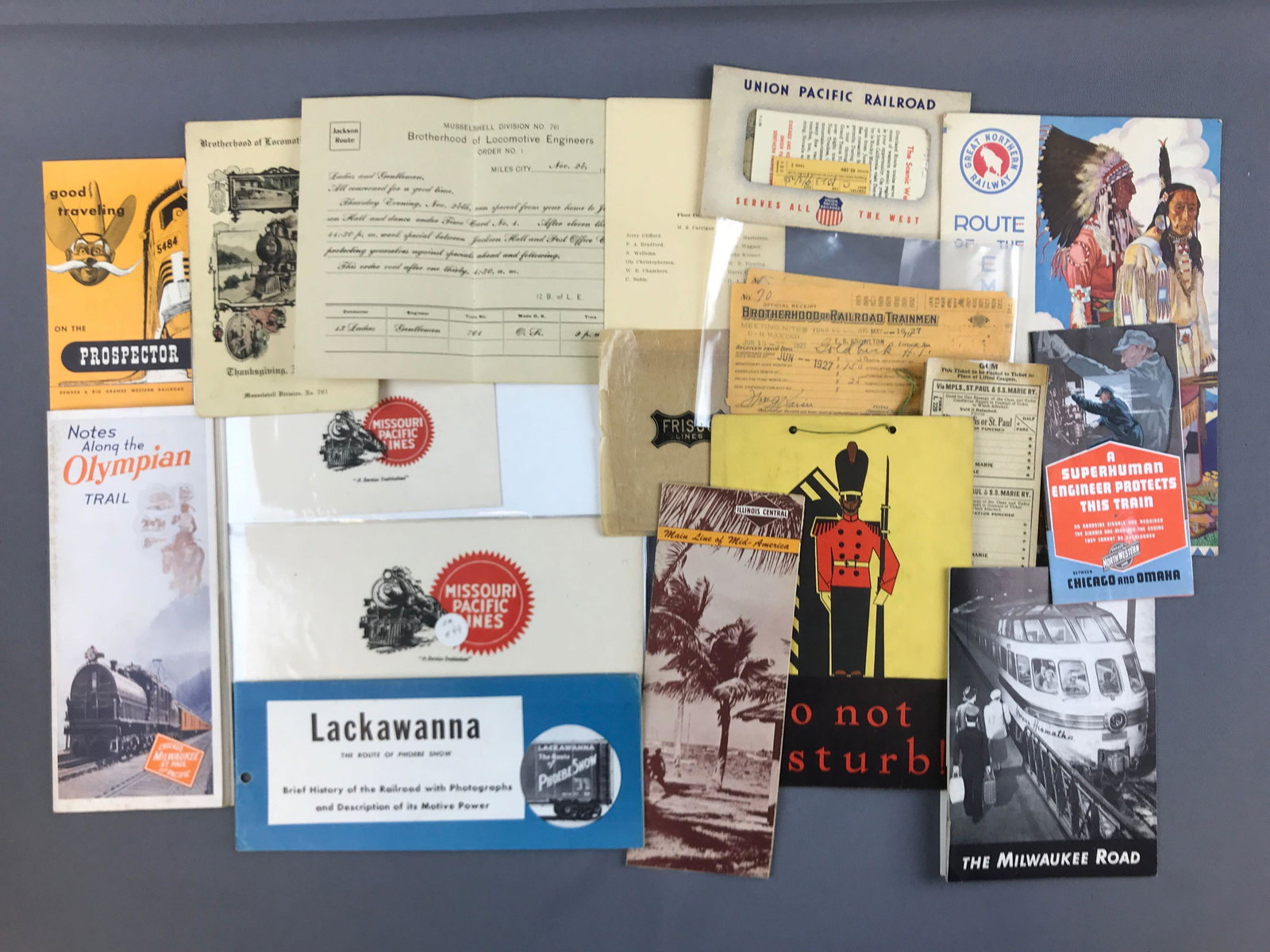 Group of vintage railroad brochures, tickets and more: Missouri Pacific, Lackawanna, great northern, and more