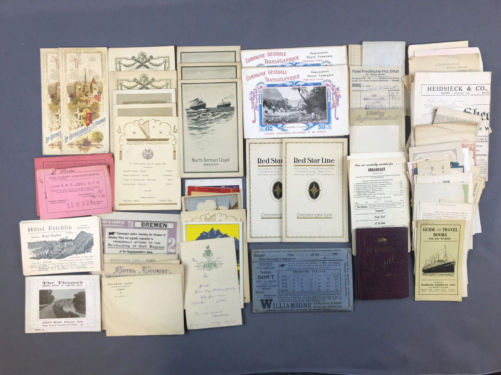 Group of vintage steamship programs, menus, and more: Envelopes, travel guides and more