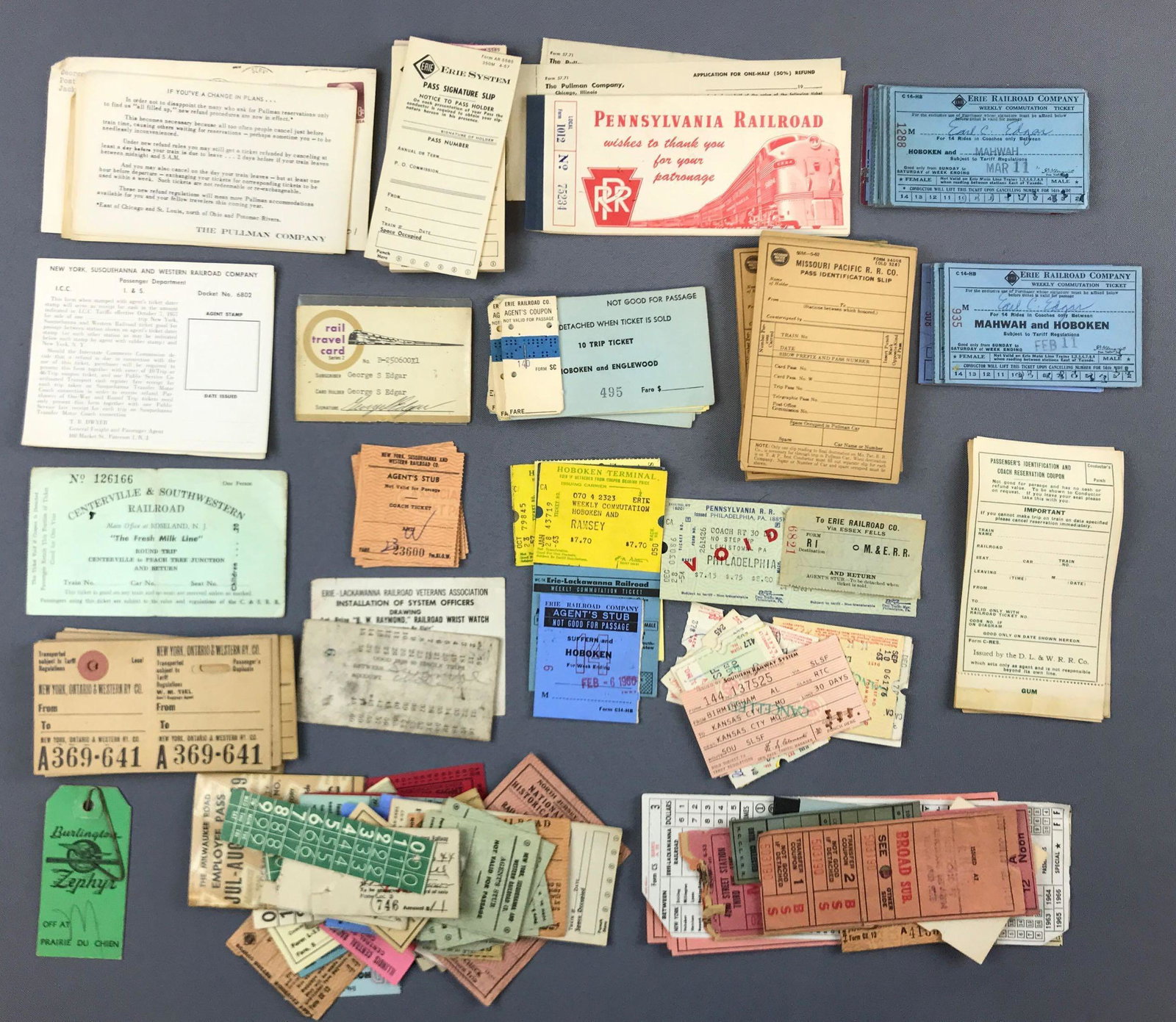 Group of vintage railroad train tickets, forms and more: Erie, Burlington zephyr, Pennsylvania Railroad and more.