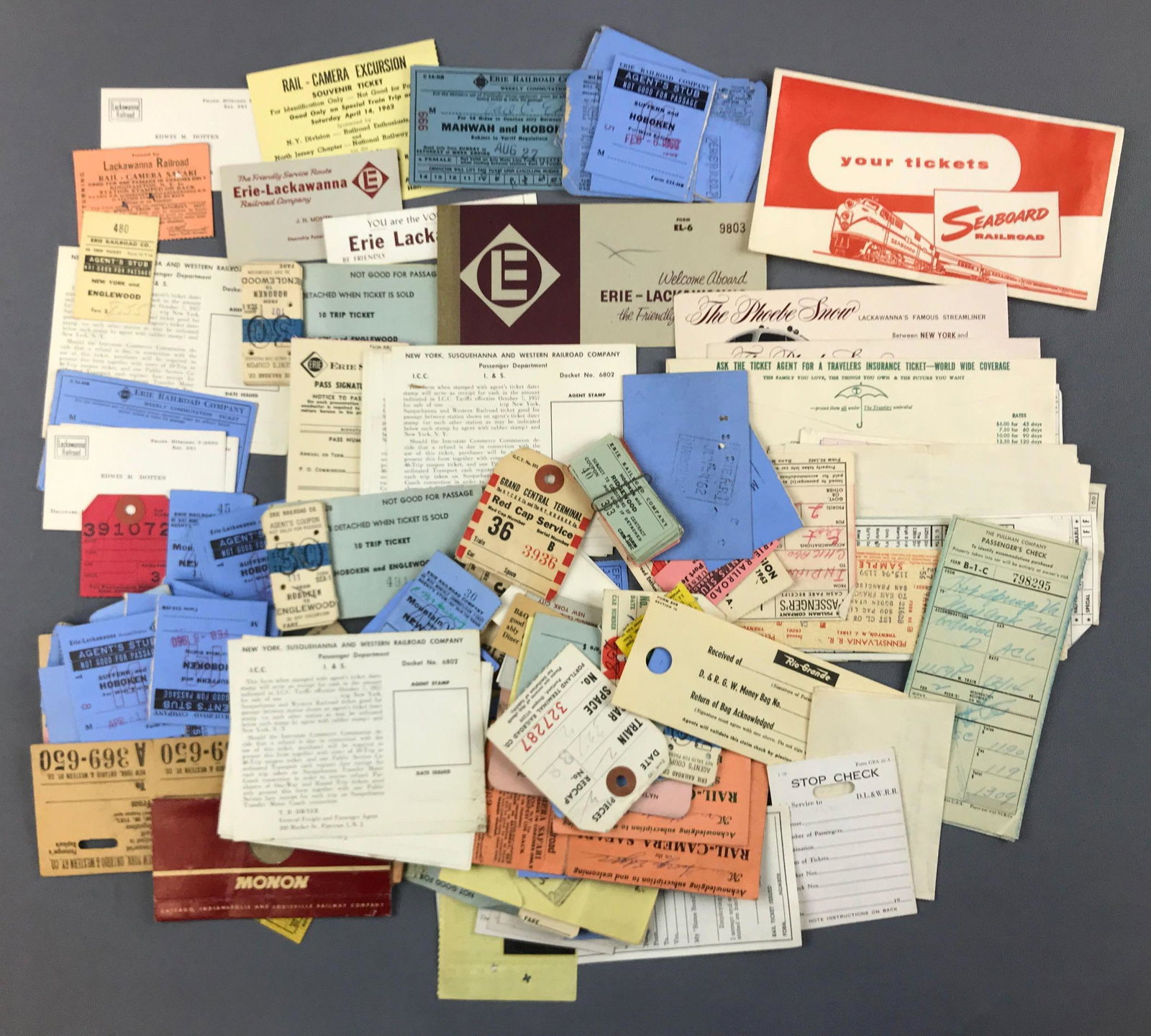 Group of vintage railroad ticket stubs, business cards: Erie, Lackawanna, Rio Grande and more