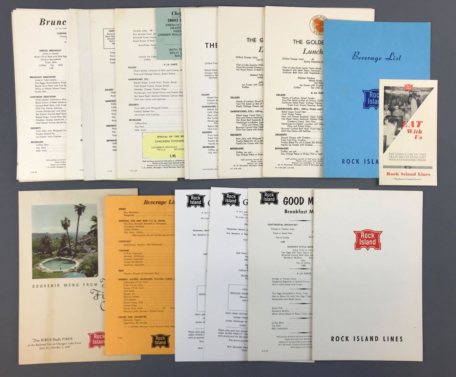 Group of vintage Rock Island menus: Golden State/Rock Island dining car menus