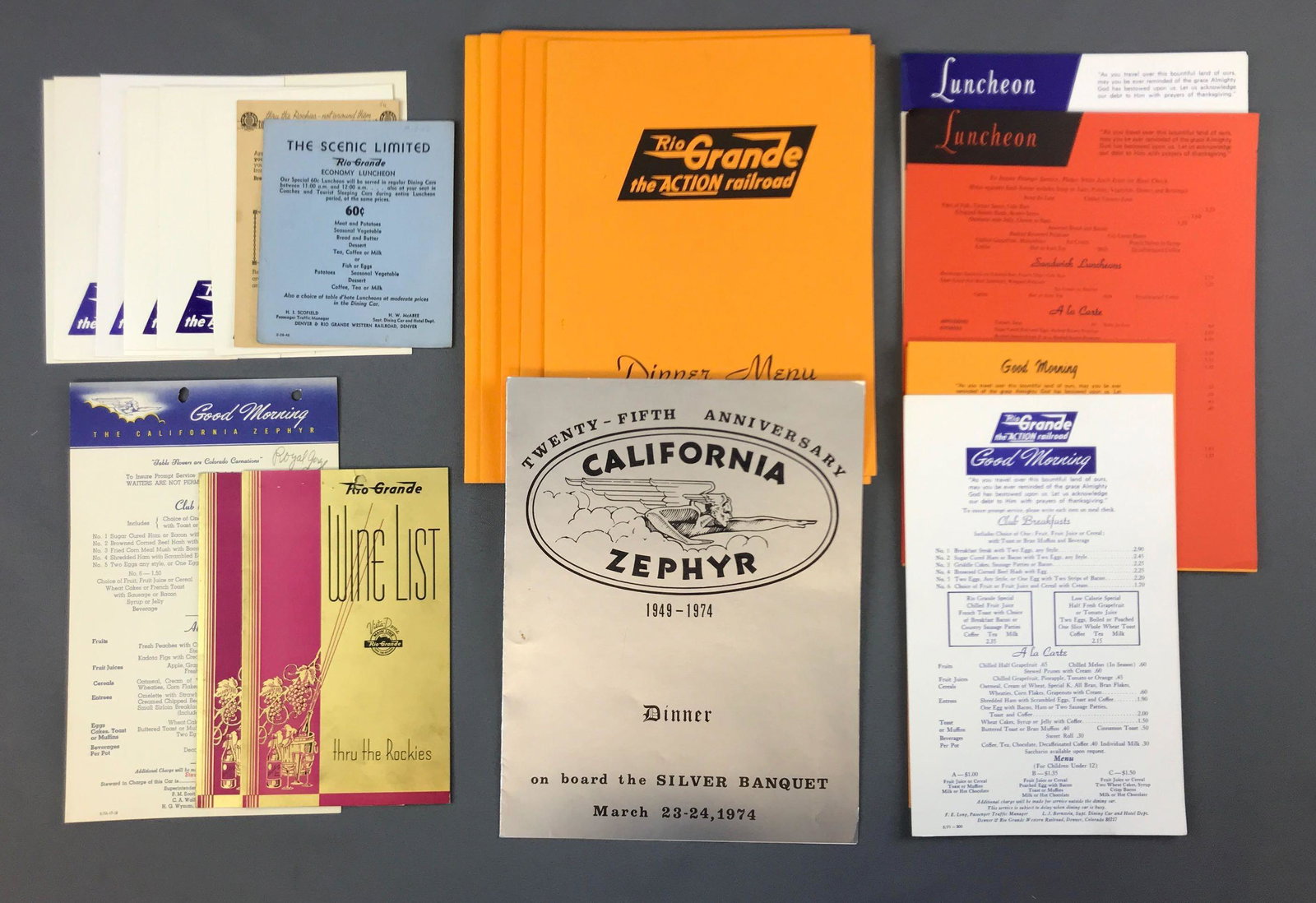 Group of vintage Rio Grande dining car menus: California Zephyr, beverages, wine list, breakfast, luncheon