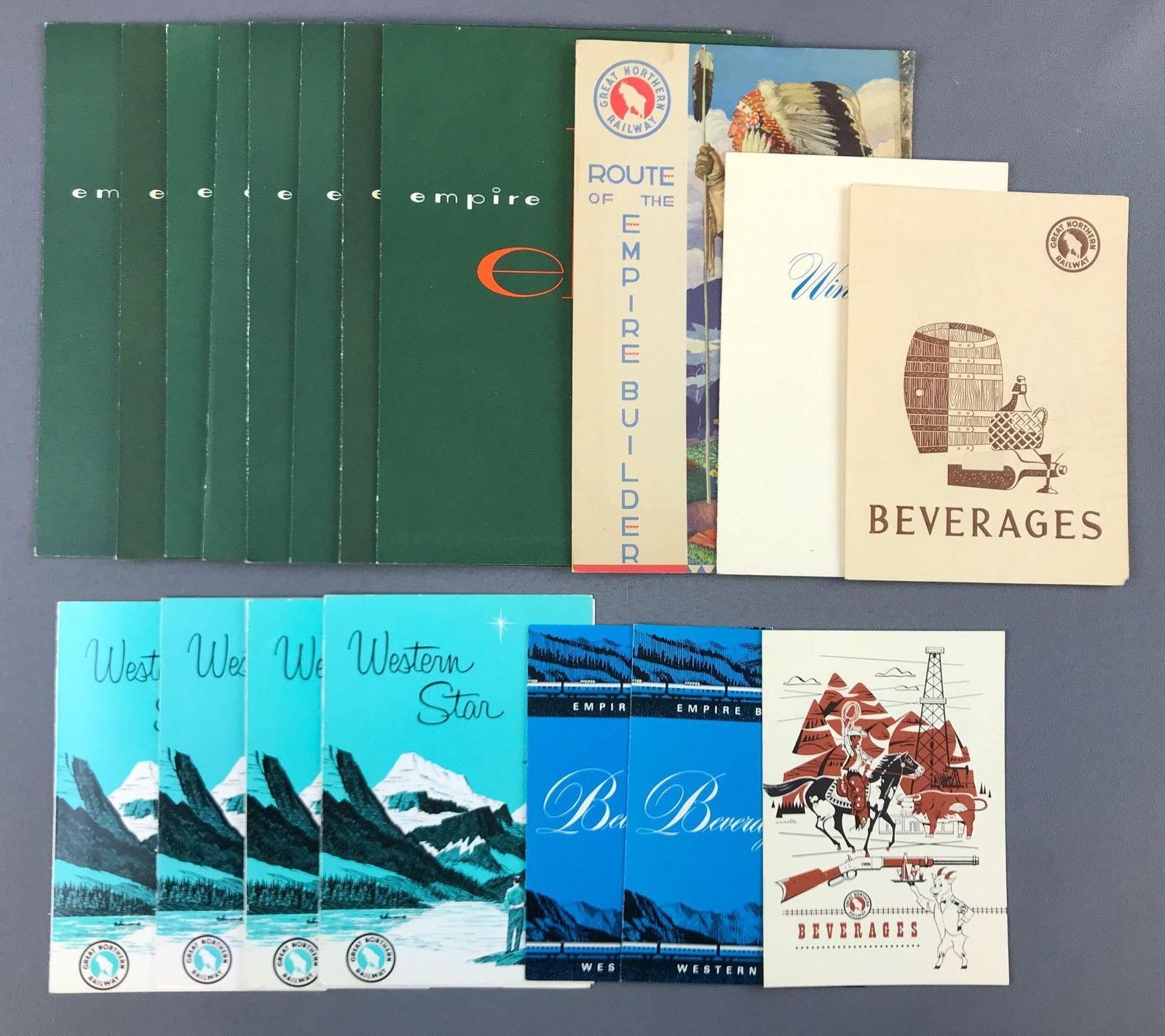 Group of vintage Great Northern Railway menus: Empire builder dining car menus, western star, and more