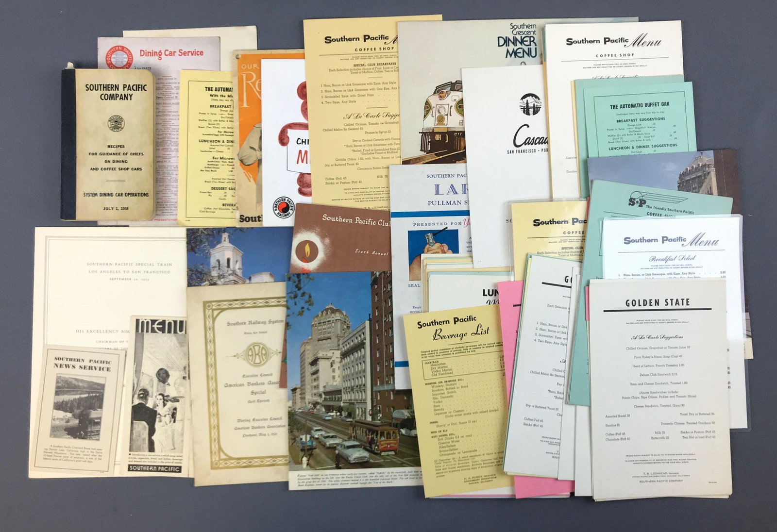 Group of Southern Pacific railroad menus: Various menus from different years. Also includes recipe book for dining cars