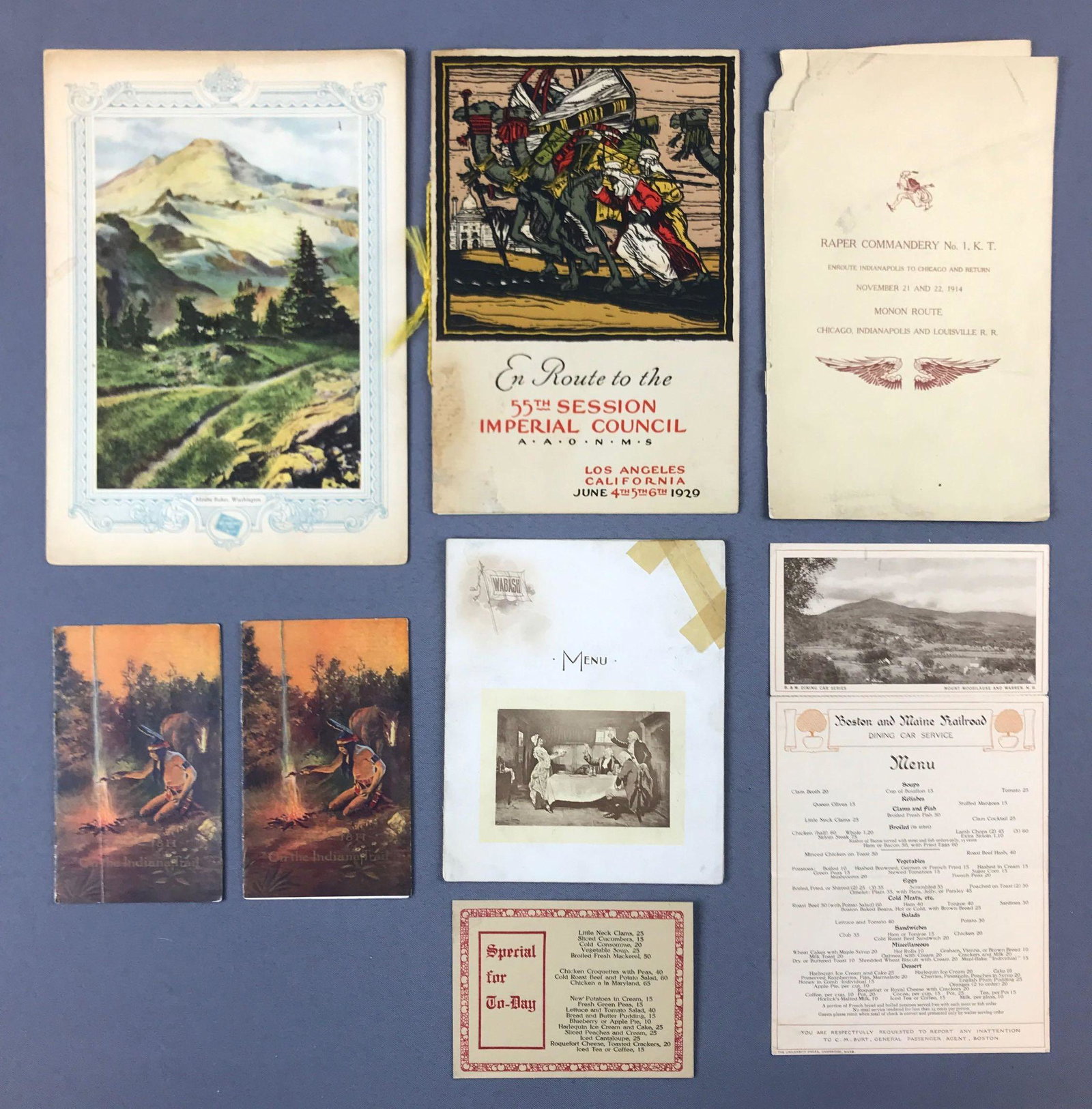 Group of vintage railroad menus: Wabash, Monon, Boston and Maine and more