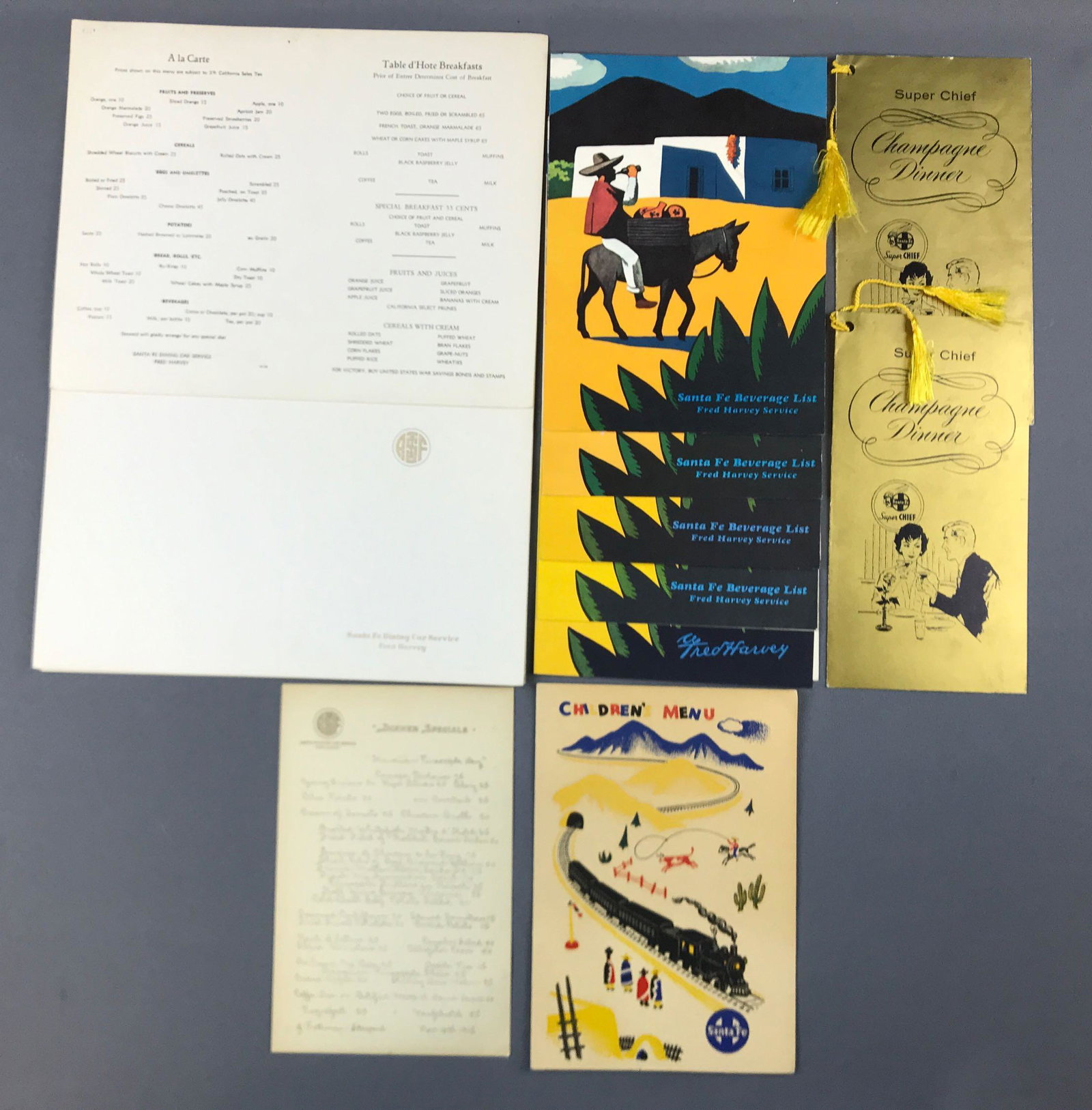 Group of vintage Santa Fe Fred Harvey menus: Most labeled Fred Harvey, one dated November 1915.