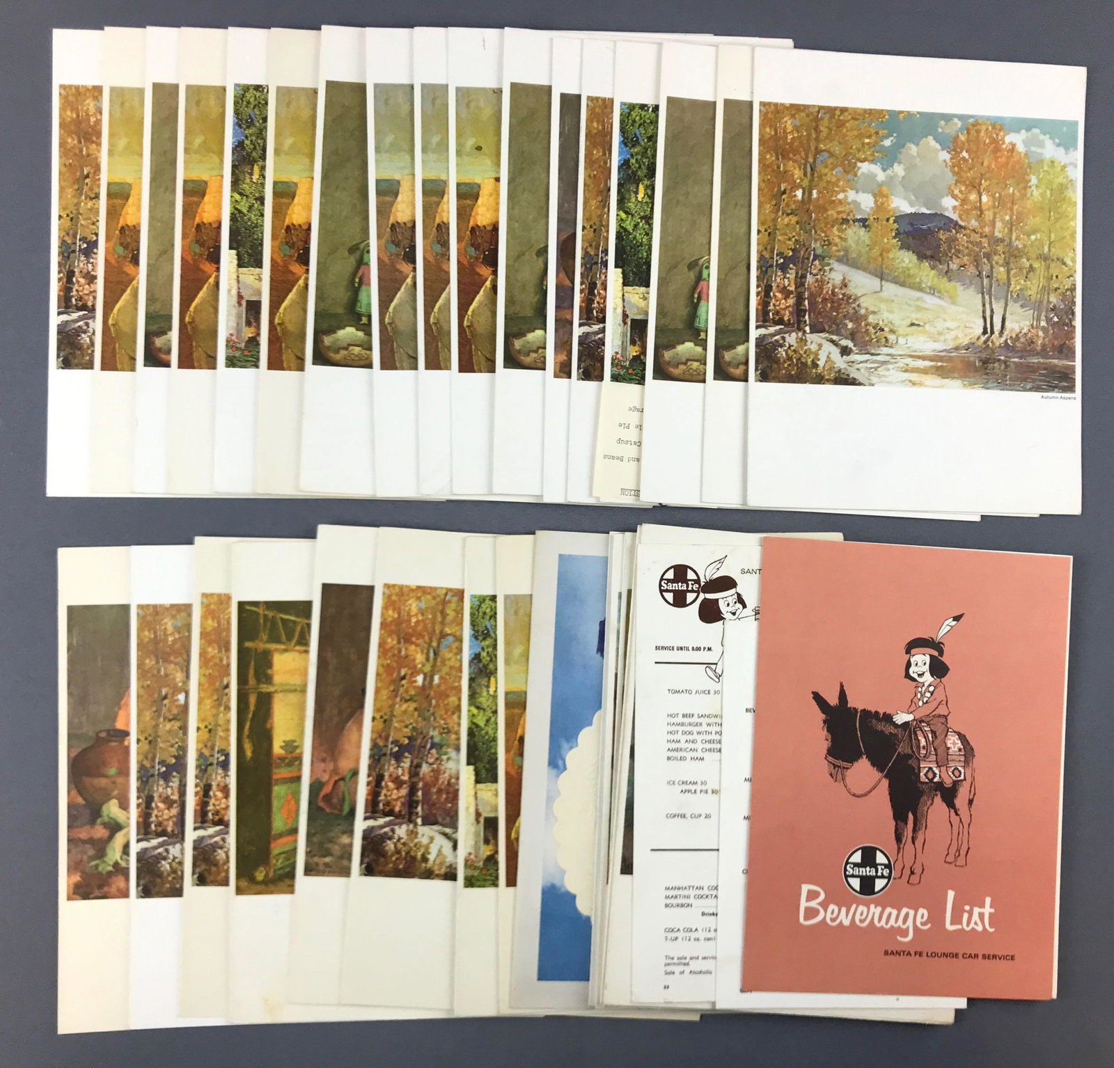 Group of vintage Santa Fe menus: Most are the same style/size with different pics.