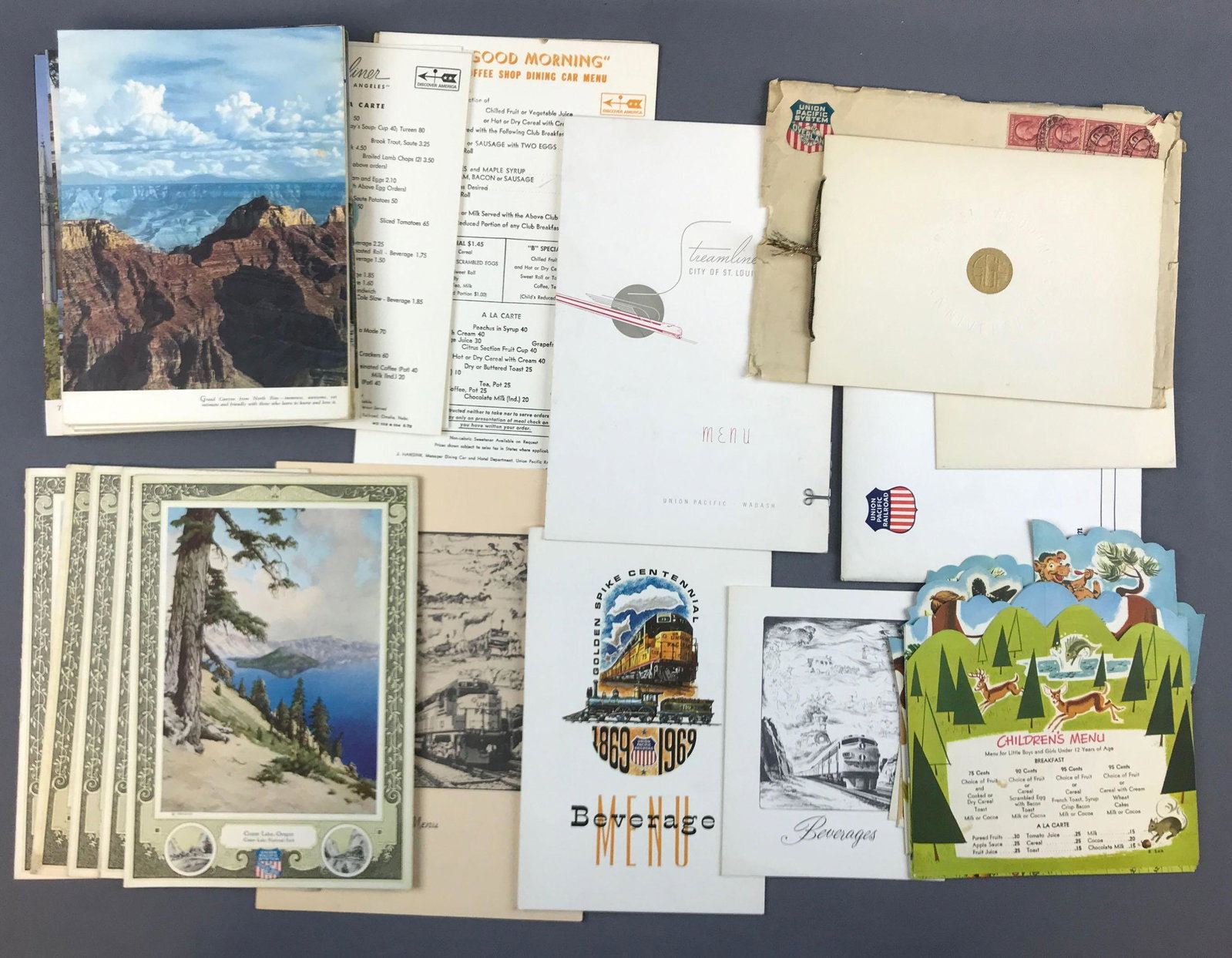 Group of vintage Union Pacific menus: Various styles from different years
