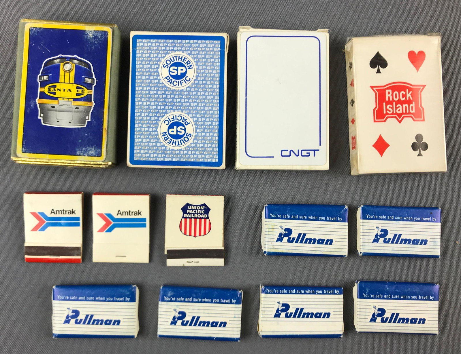 Group of vintage railroad playing cards, matches, soap: Southern Pacific, Pullman, rock island, and more