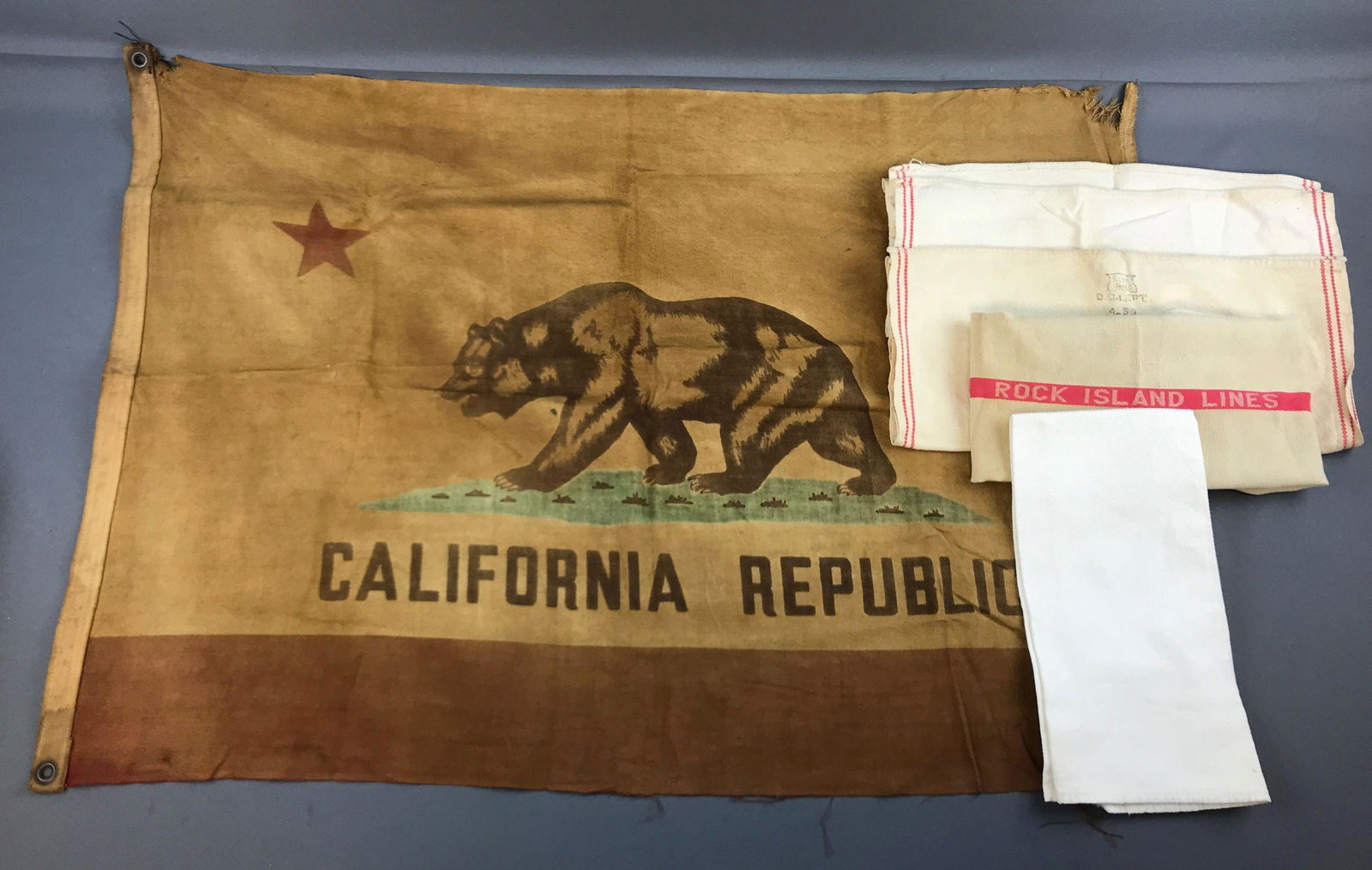 California republic flag, rock island towels, and more: Flag has some wear and damage, 35 1/2 x 23 1/2