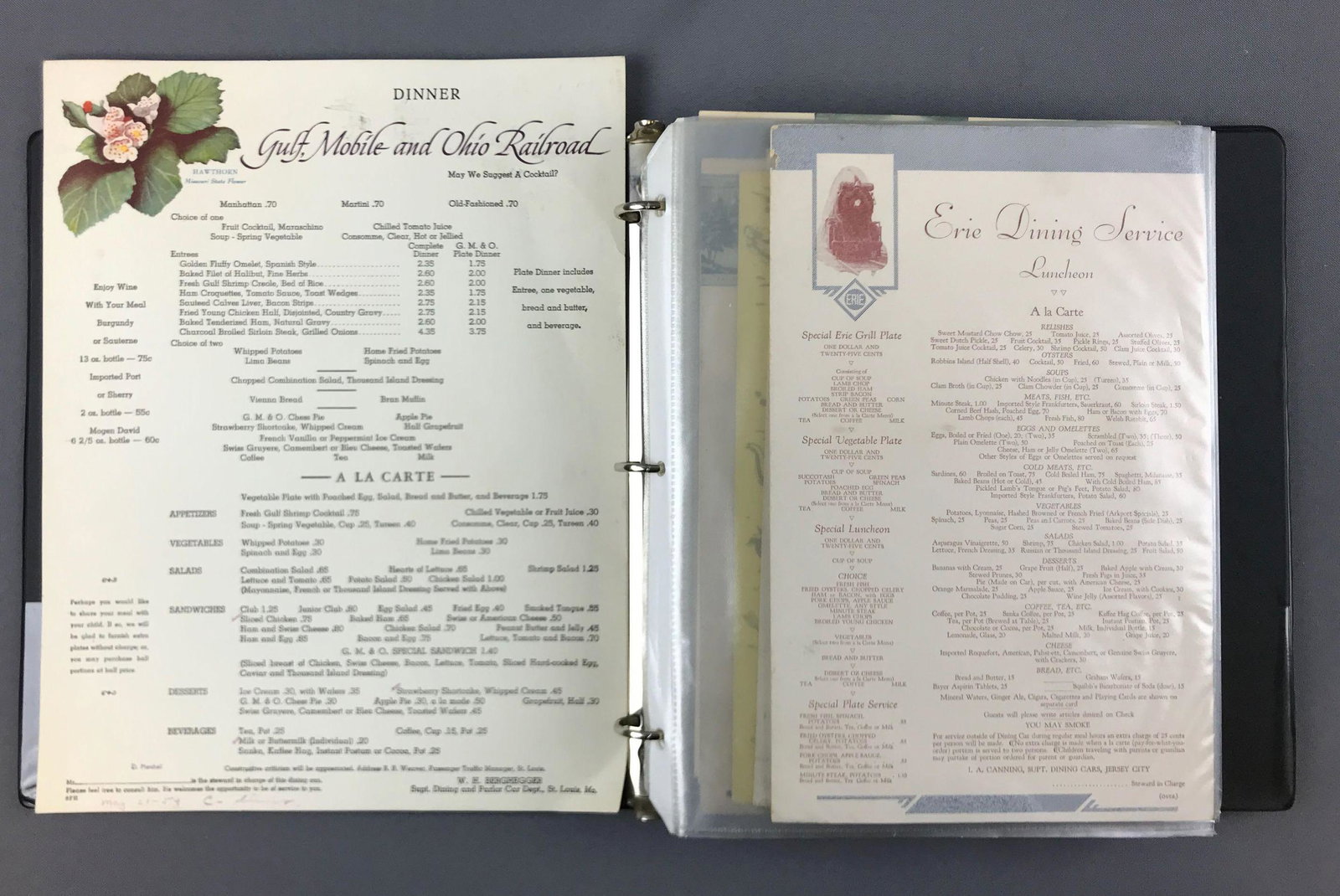 Vintage binder of railroad menus: Includes Erie, Baltimore and Ohio, union pacific, and more. Also includes some steam ship menus