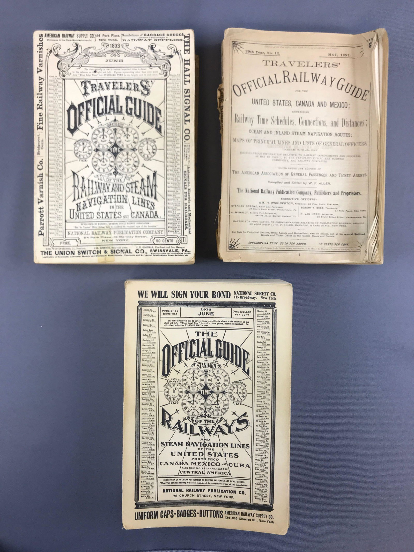 3 antique official guide of the railways books: Oldest dated 1893, official guide of the railway and steam navigation lines in the US and Canada.