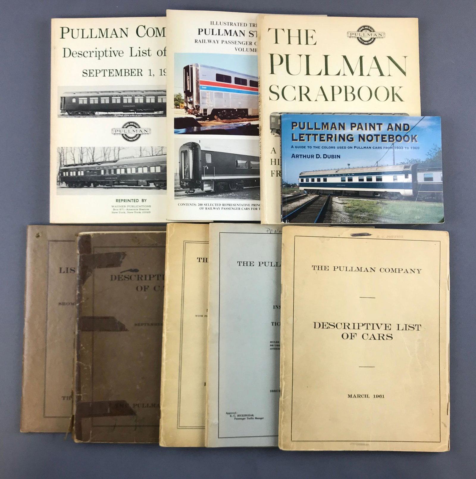 Group of vintage Pullman Company books: Descriptive list of cars, instructions to ticket agents, scrapbook, and more.