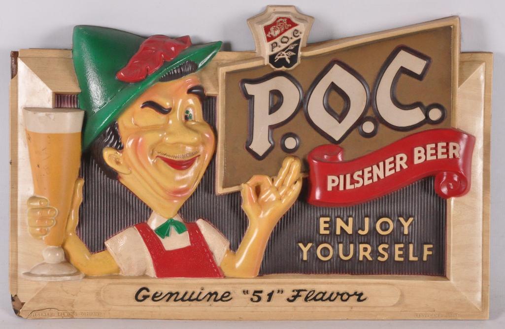 Vintage P.O.C. "Pride of Cleveland" Pilsner Beer: Hanging or Easel, Some Damage on Corners, 13 1/2 x 9 inches