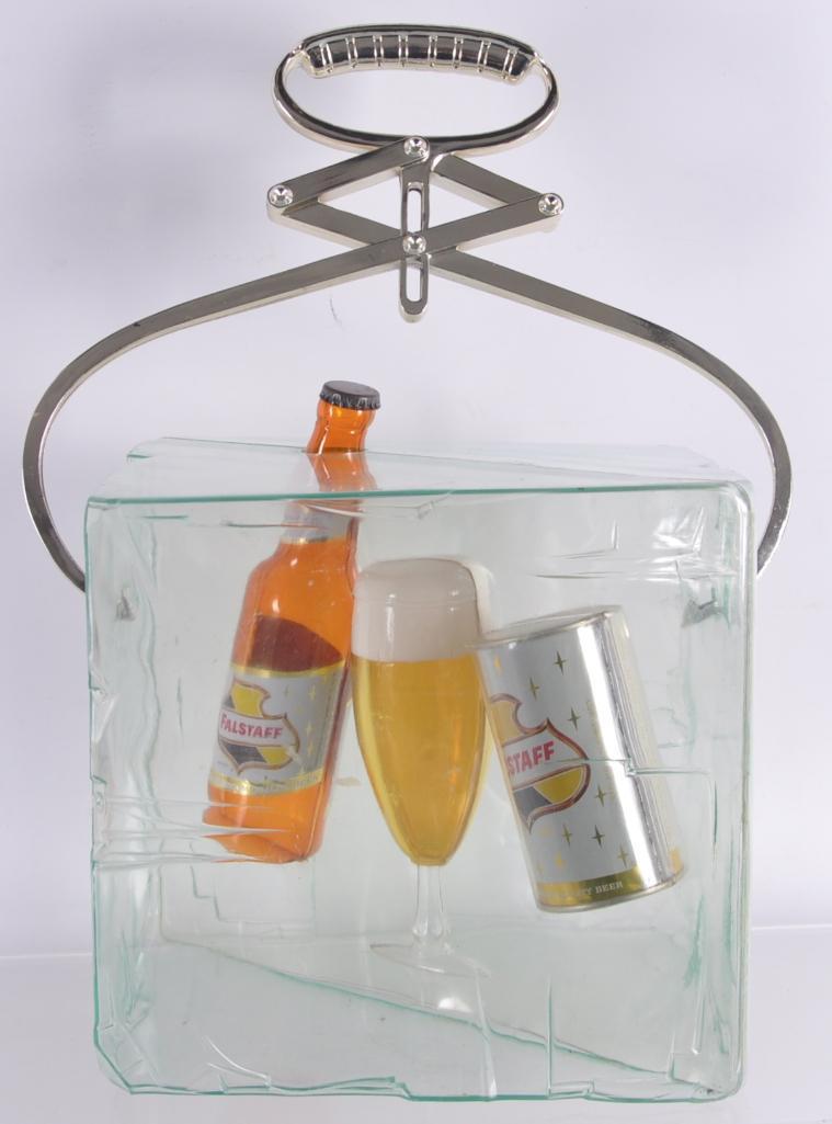 Vintage Falstaff Advertising Hanging Ice Cub with Tongs: Includes Glass, Can, and Bottle, 11 x 11 x 19 inches,