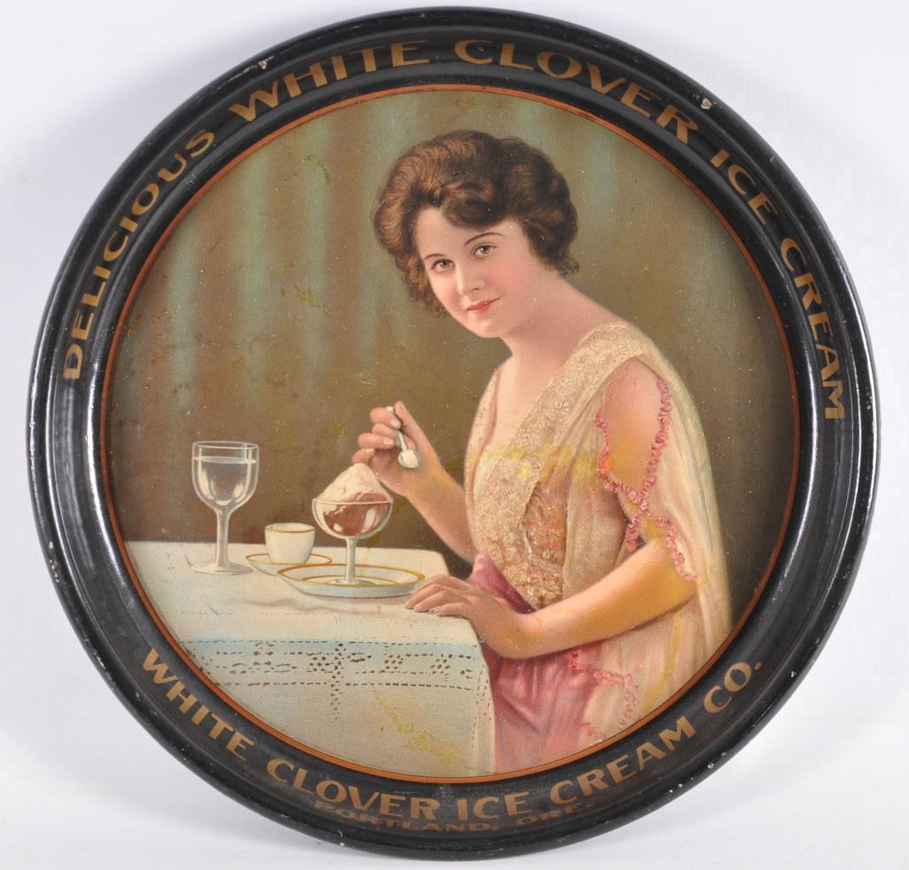 Vintage White Clover Ice Cream Advertising Metal Tray: 13 inches round, Minor Touch Ups, Circa 1940's, White Clover Ice Portland Oregon