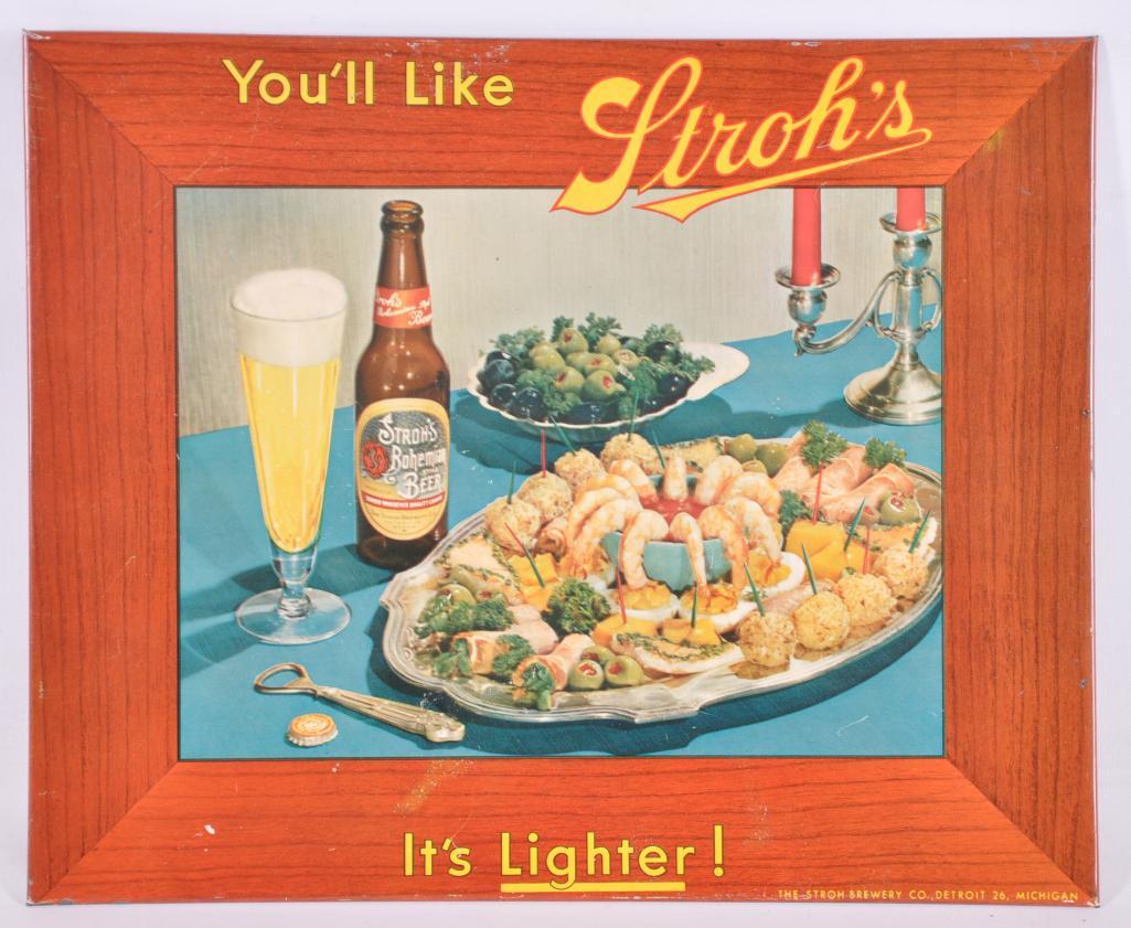 Vintage Stroh's Advertising Tin on Cardboard Beer Sign (1 of 2)