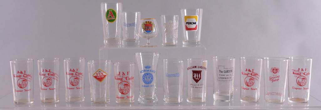 Group of 17 Vintage Liquor Store and Casino Glasses: Includes Peroni, J and F King Cole, and More, Largest 2 3/4 x 5 1/2 inches