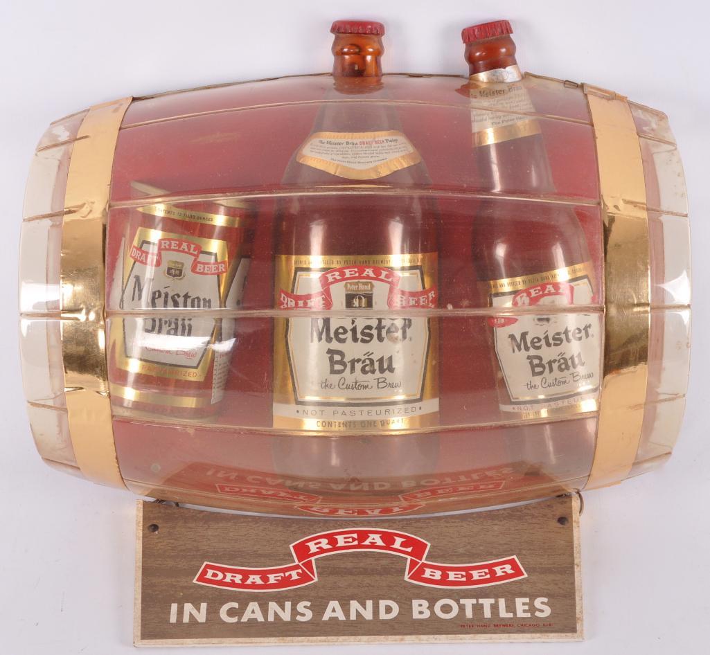 Vintage Meister Brau Advertising "In Cans and Bottle": 13 x 15 inches, Has been repaired
