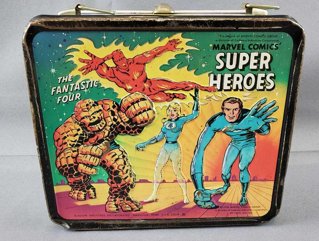 Vintage Marvel Comics Super Heroes Metal Lunch Box and: Lunchbox approx. 8 x 7 x 4. Thermos missing bottom. Lunchbox missing handle.