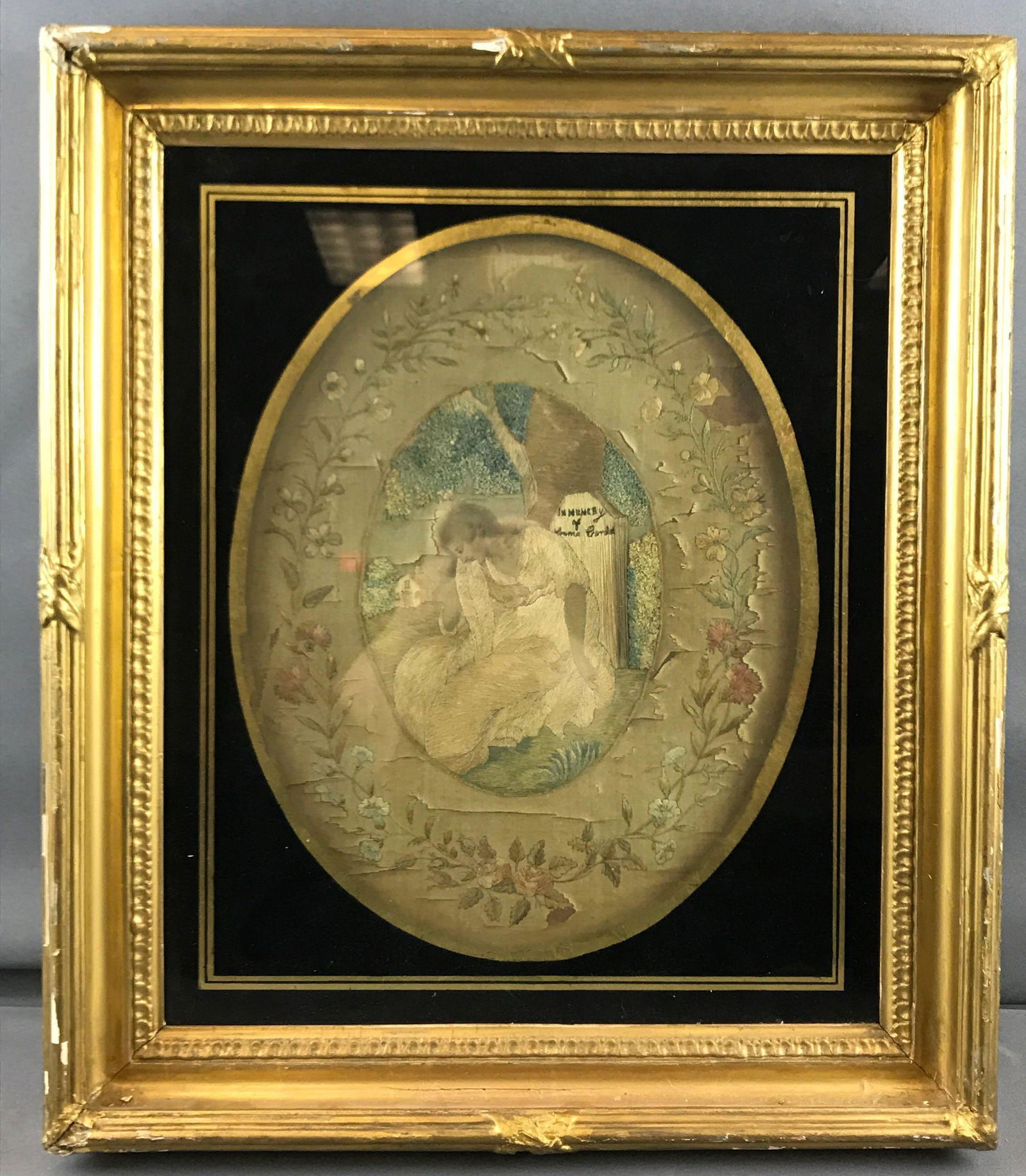 Antique framed silk embroidered mourning picture (1 of 4)