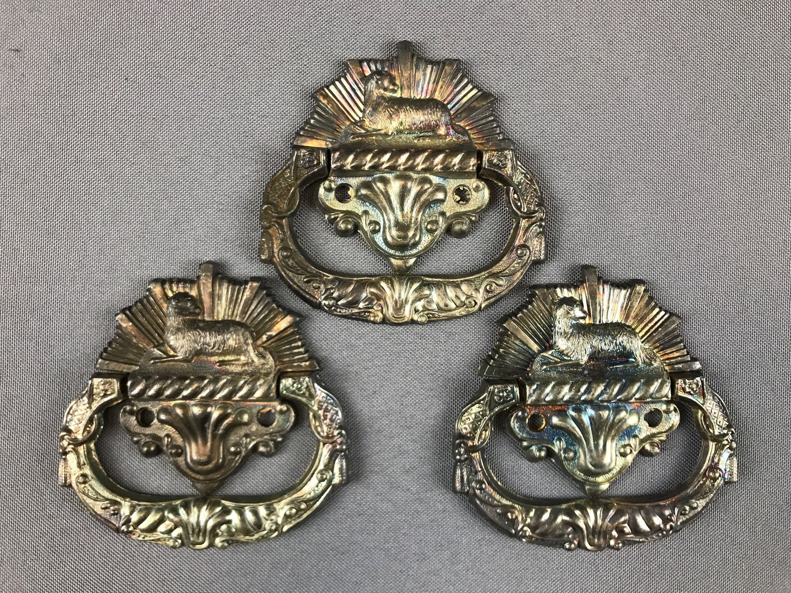 Group of vintage casket handles: Matching group of 3 sets. 3.25x3.25. Marked S M C Co on back.