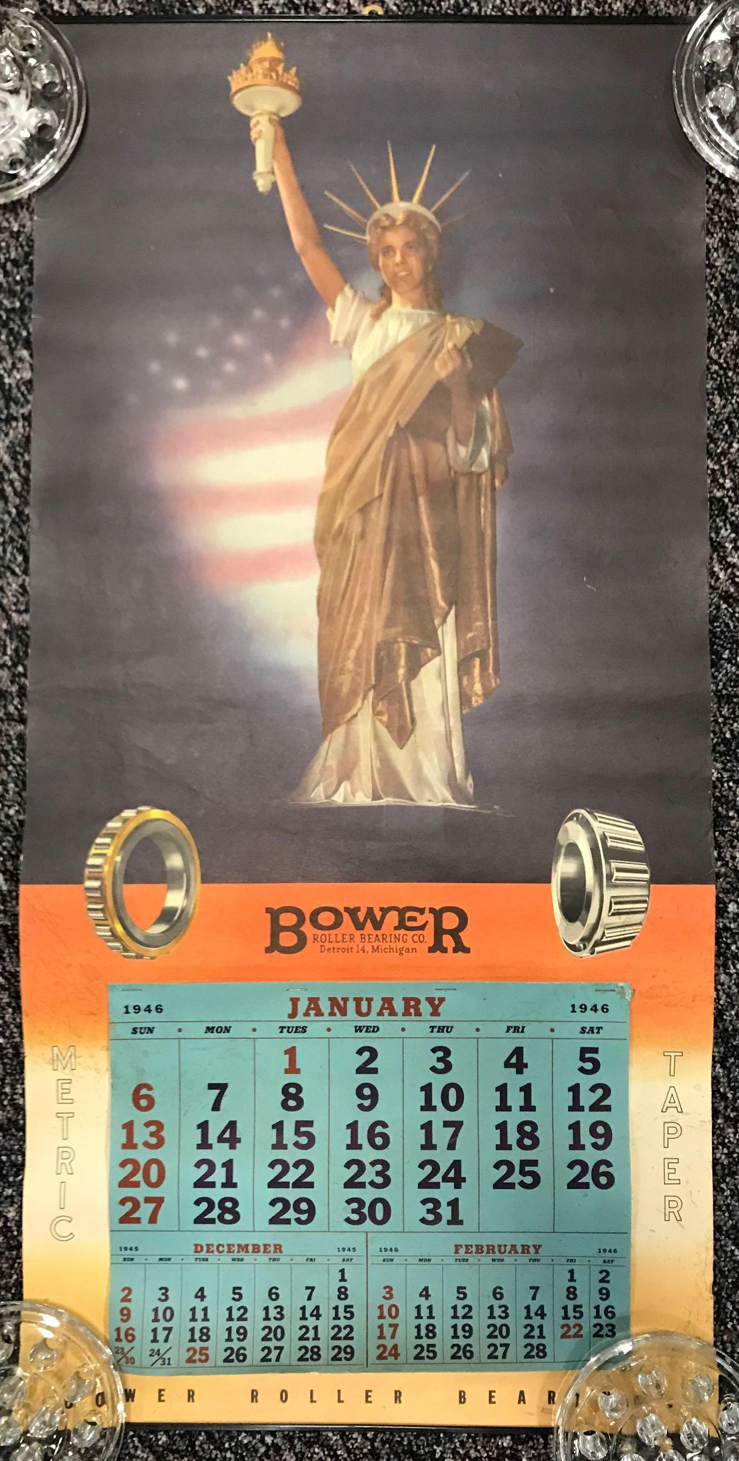 Vintage Bower Roller Bearing patriotic 1946 calendar: All pages are still attached, 16x33 inches.