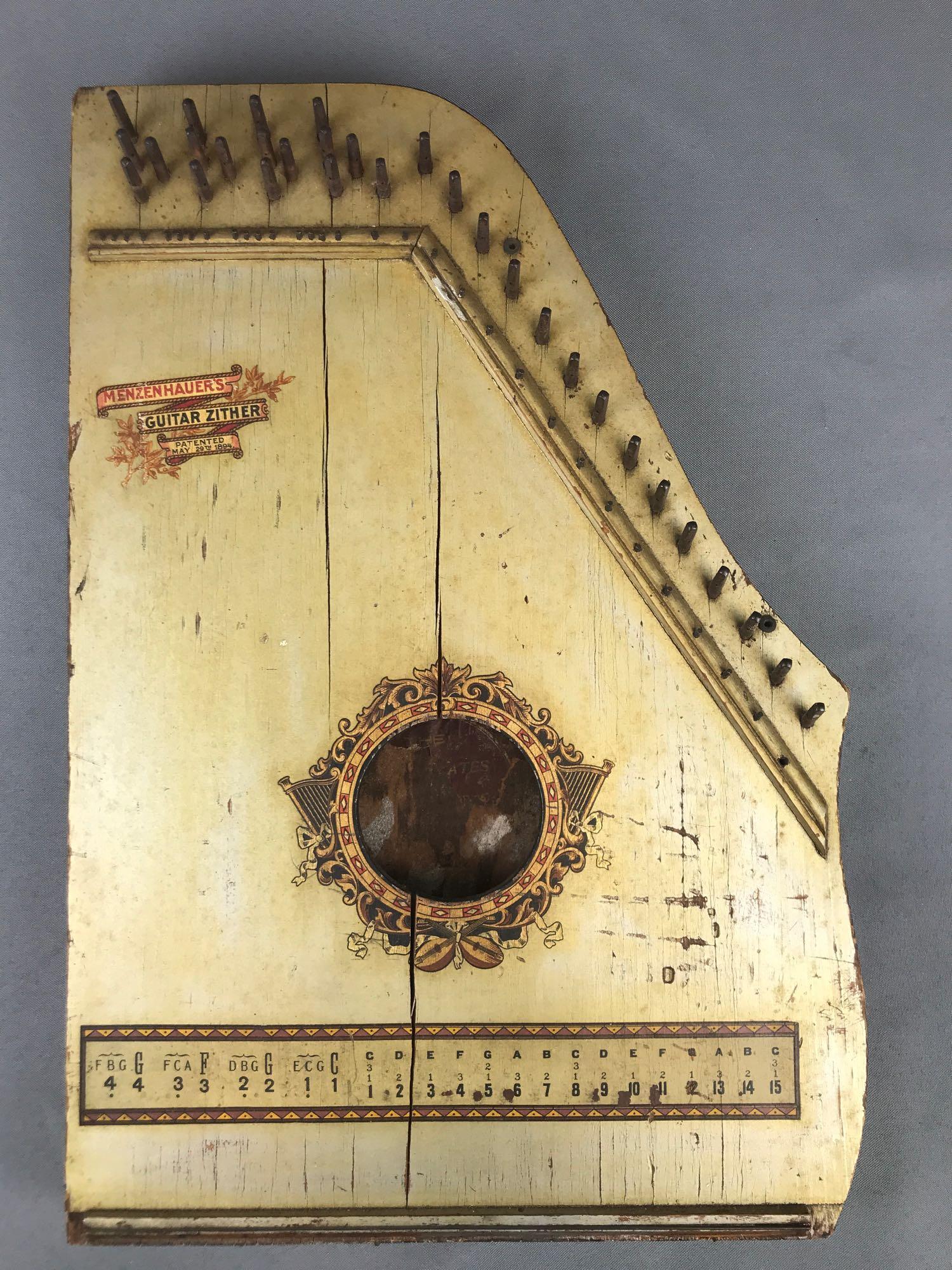 Antique Menzenhauers Guitar Zither-unstrung: 12.75x19 inches. Cracked body