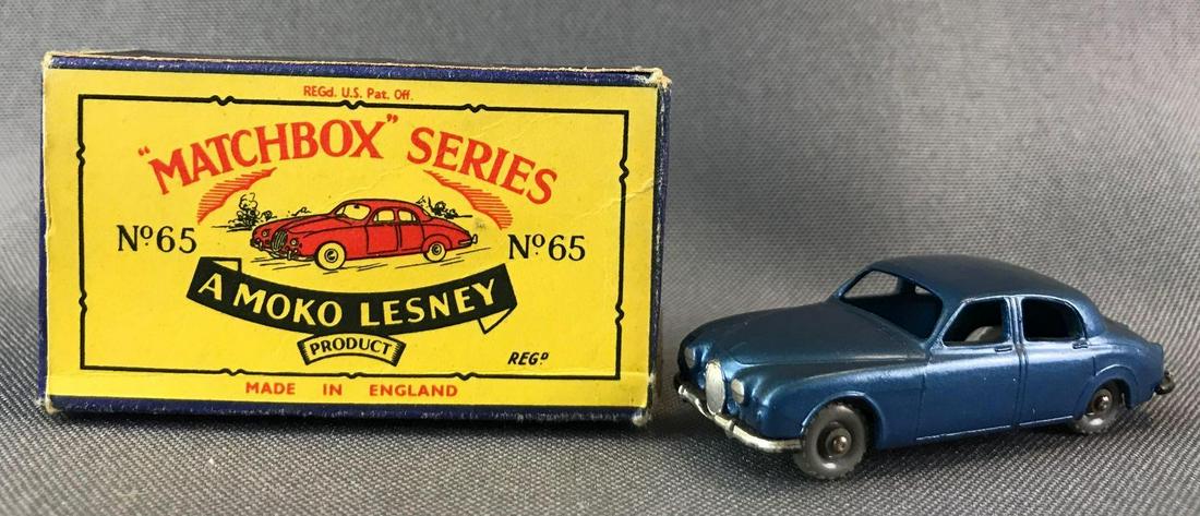 Matchbox No. 65 3.4 Litre Jaguar Die-Cast Vehicle with: Blue body, GPW. Some box damage. A Moko Lesney Product. Made in England