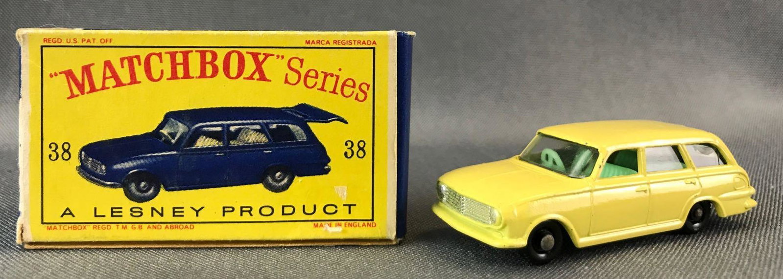 Matchbox No. 38 Vauxhall Victor Estate Car Die-Cast: Yellow body, BPW. Some box damage. A Lesney Product. Made in England