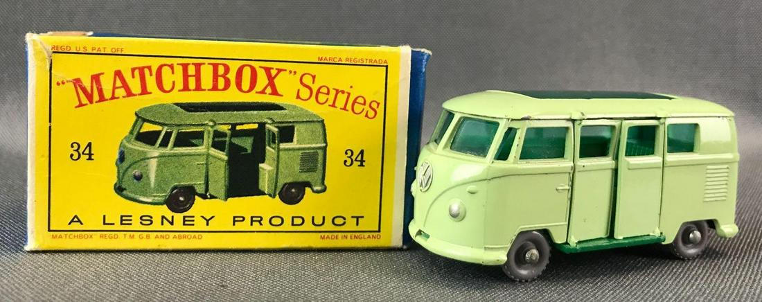 Matchbox No. 34 Volkswagen Camping Car Die-Cast Vehicle: Volkswagen Caravette Camping Car. Light Green body, green base, blue/green windows, GPW. Some box damage. A Lesney Product. Made in England
