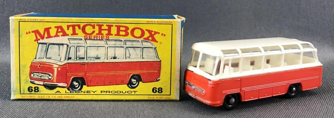 Matchbox No. 68 Mercedes Coach Die-Cast Vehicle with: Orange body/base, clear windows, BPW. A Lesney Product. Made in England