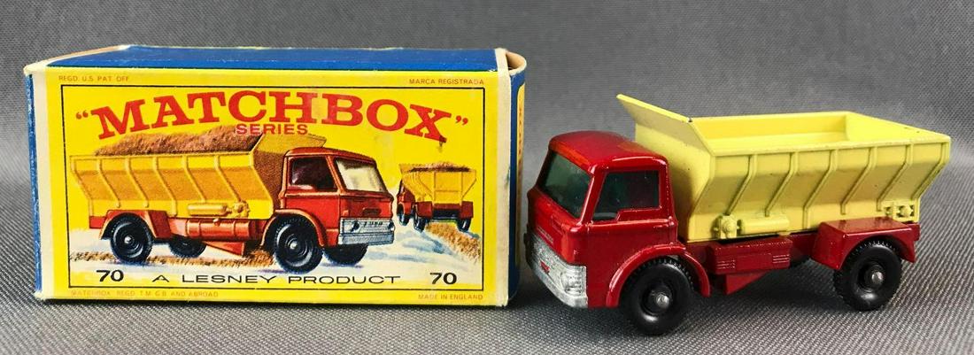 Matchbox No. 70 Grit-Spreading Truck Die-Cast Vehicle: Red/yellow body, blue/green windows, BPW. A Lesney Product. Made in England