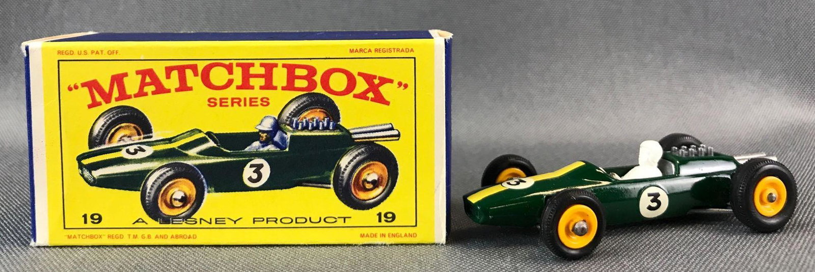 Matchbox No. 19 Lotus Racing Car Die-Cast Vehicle with: Green body, number 3 decals, BPW. A Lesney Product. Made in England