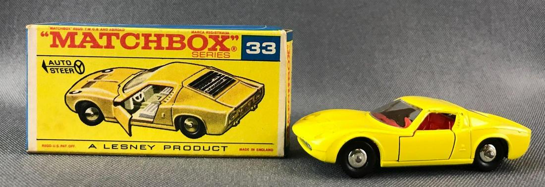 Matchbox No. 33 Lamborghini Miura P400 Die-Cast Vehicle: Yellow body, BPW. A Lesney Product. Made in England