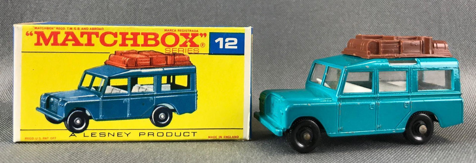 Matchbox No. 12 Safari Land Rover Die-Cast Vehicle with: Teal body, BPW. A Lesney Product. Made in England