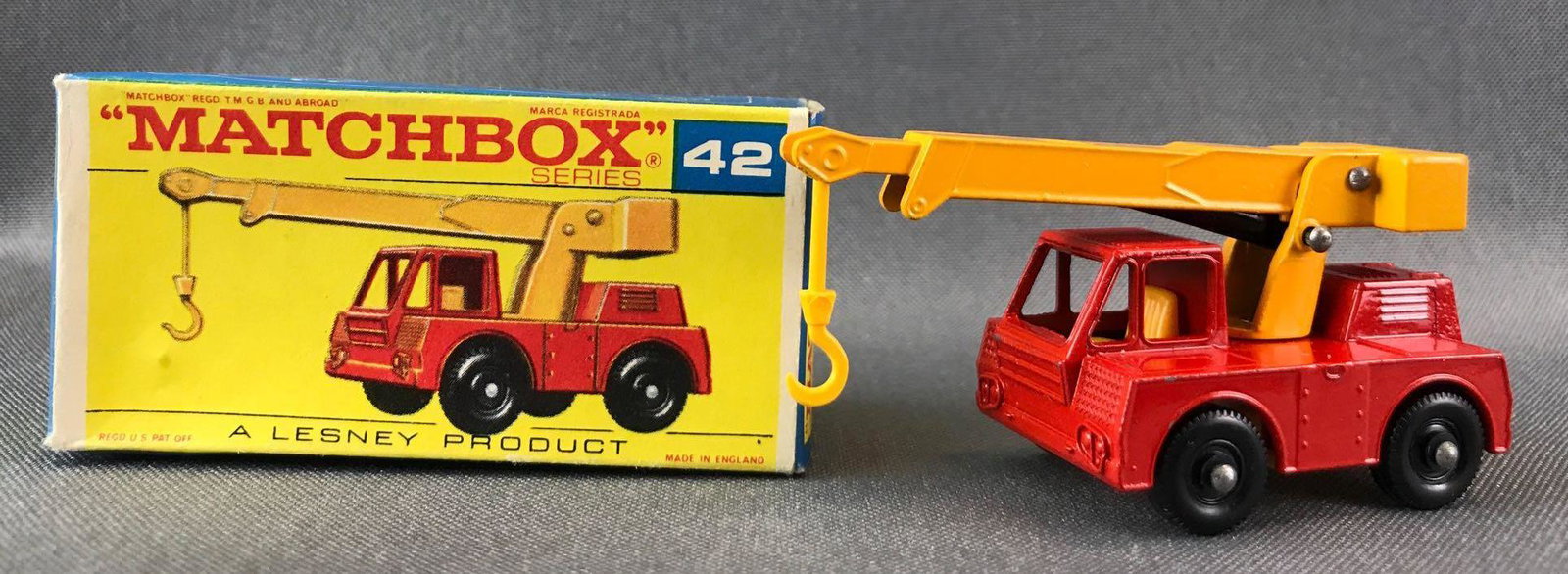 Matchbox No.42 Iron Fairy Crane Die-Cast Vehicle with: Red body, yellow base, BPW. A Lesney Product. Made in England