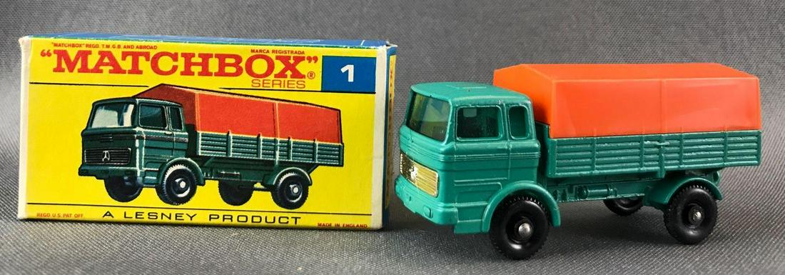 Matchbox No. 1 Mercedes Truck Die-Cast Vehicle with: Teal body/base, blue/green windows, BPW. A Lesney Product. Made in England