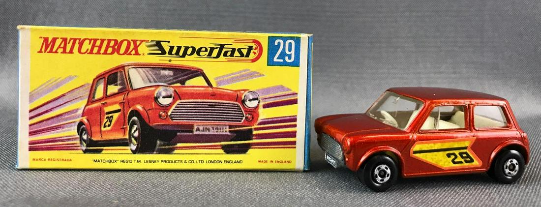 Matchbox Superfast No. 29 Racing Mini Die-Cast Vehicle: Orange body, BPW, yellow/orange 29 decals. A Lesney Product. Made in England