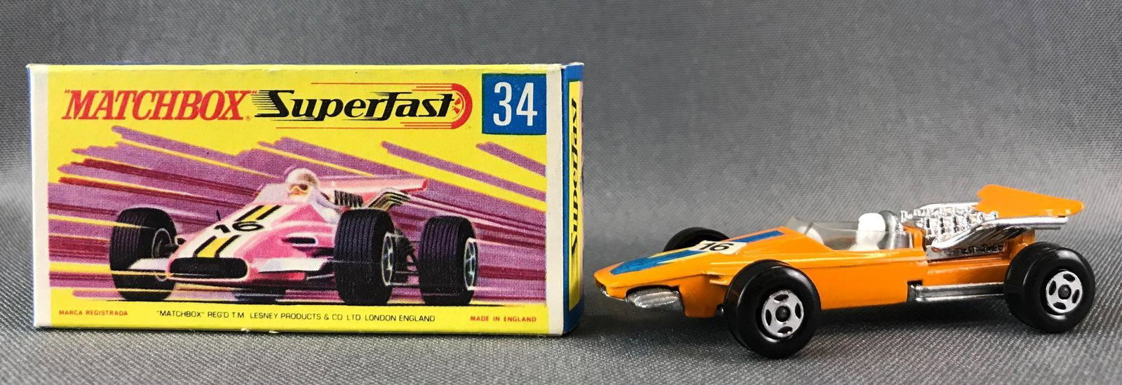 Matchbox Superfast No. 34 Formula 1 Racing Car Die-Cast: Orange body, BPW, blue/yellow/white 16 decal. A Lesney Product. Made in England