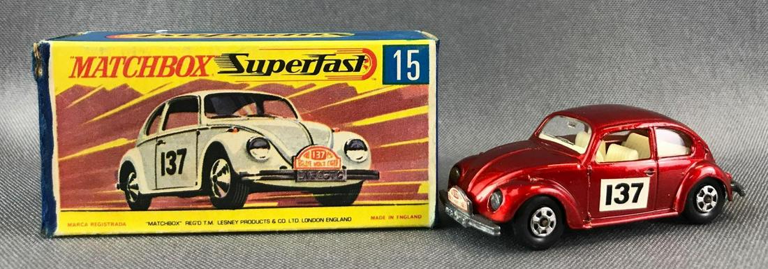 Matchbox Superfast No. 15 Volkswagen Die-Cast Vehicle: Volkswagen 1500 Saloon. Red body, BPW, white/black 137 decals. Some box damage. A Lesney Product. Made in England