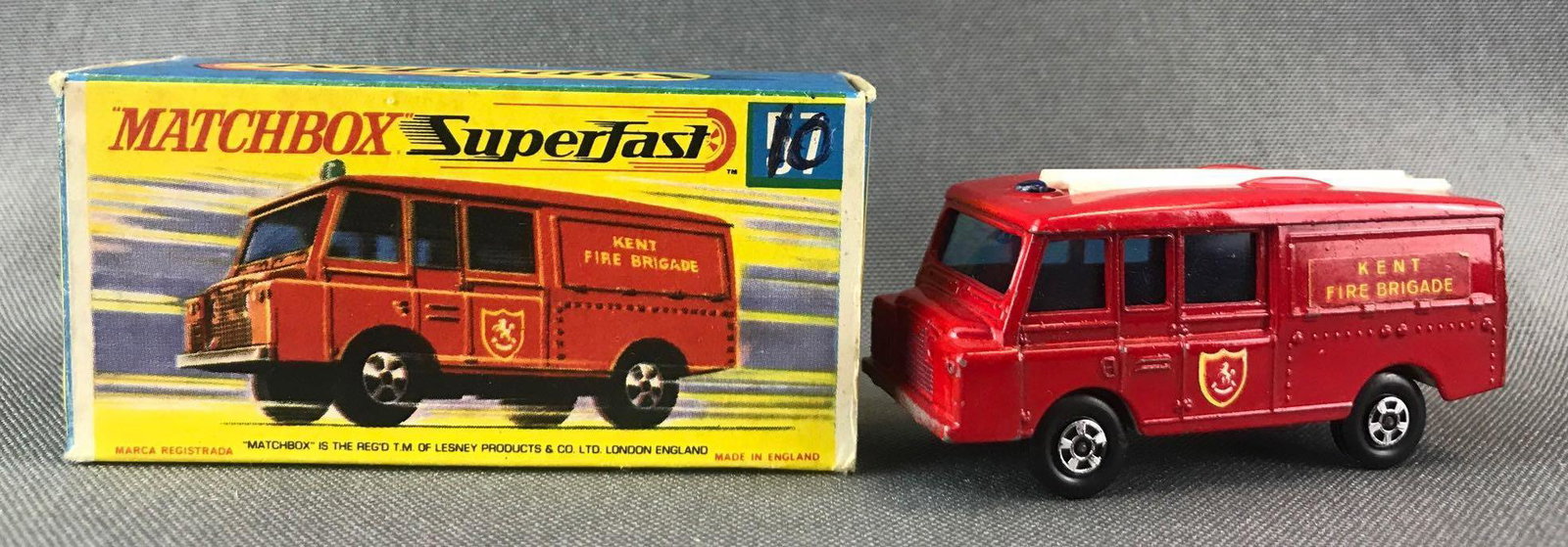 Matchbox Superfast No. 57 Land Rover Fire Truck: Red body, blue windows, BPW, Kent Fire Brigade decals. A Lesney Product. Made in England