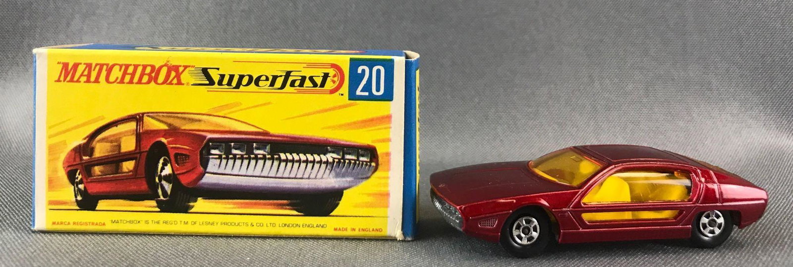 Matchbox Superfast No. 20 Lamborghini Marzal Die-Cast: Red body, amber windows, BPW. A Lesney Product. Made in England
