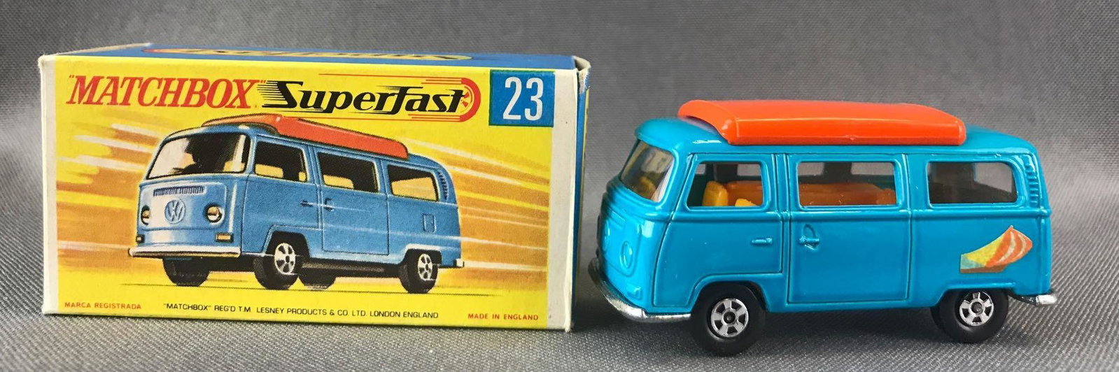 Matchbox Superfast No. 23 Volkswagen Camper Die-Cast: Turquoise body, amber windows, BPW. A Lesney Product. Made in England