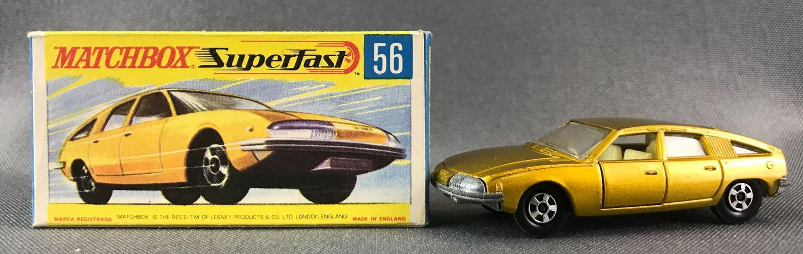 Matchbox Superfast No. 56 BMC 1800 Pininfarina Die-Cast: Gold body, BPW. A Lesney Product. Made in England