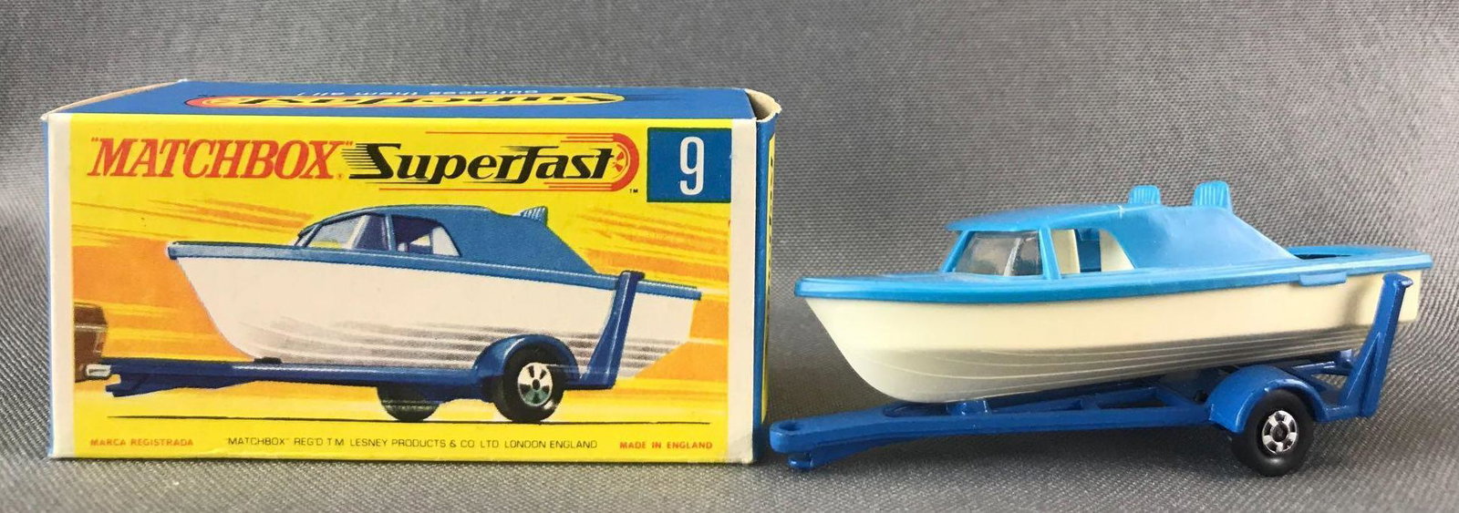 Matchbox Superfast No. 9 Boat and Trailer Die-Cast: Blue body, BPW. A Lesney Product. Made in England