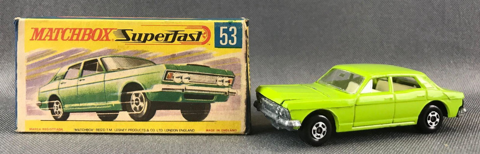 Matchbox Superfast No. 53 Ford Zodiac MK. IV Die-Cast: Light green body, BPW. Some box damage. A Lesney Product. Made in England.