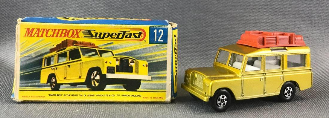 Matchbox Superfast No. 12 Safari Land Rover Die-Cast: Gold body, BPW. Some box damage. A Lesney Product. Made in England