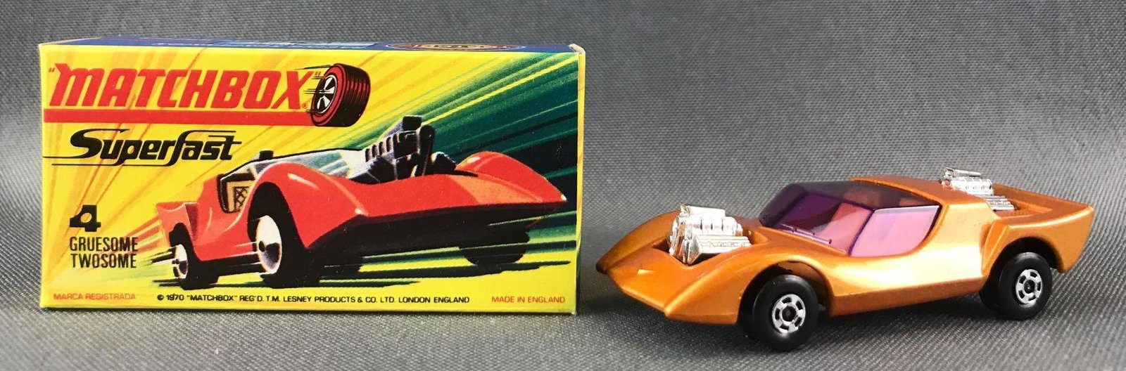 Matchbox Superfast No. 4 Gruesome Twosome Die-Cast: Orange body, purple windows, BPW. A Lesney Product. Made in England