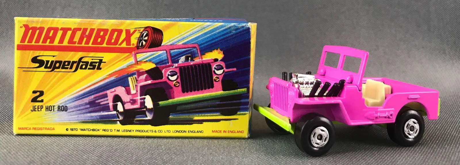 Matchbox Superfast No. 2 Jeep Hot Rod Die-Cast Vehicle: Hot pink body, green base, BPW. A Lesney Product. Made in England